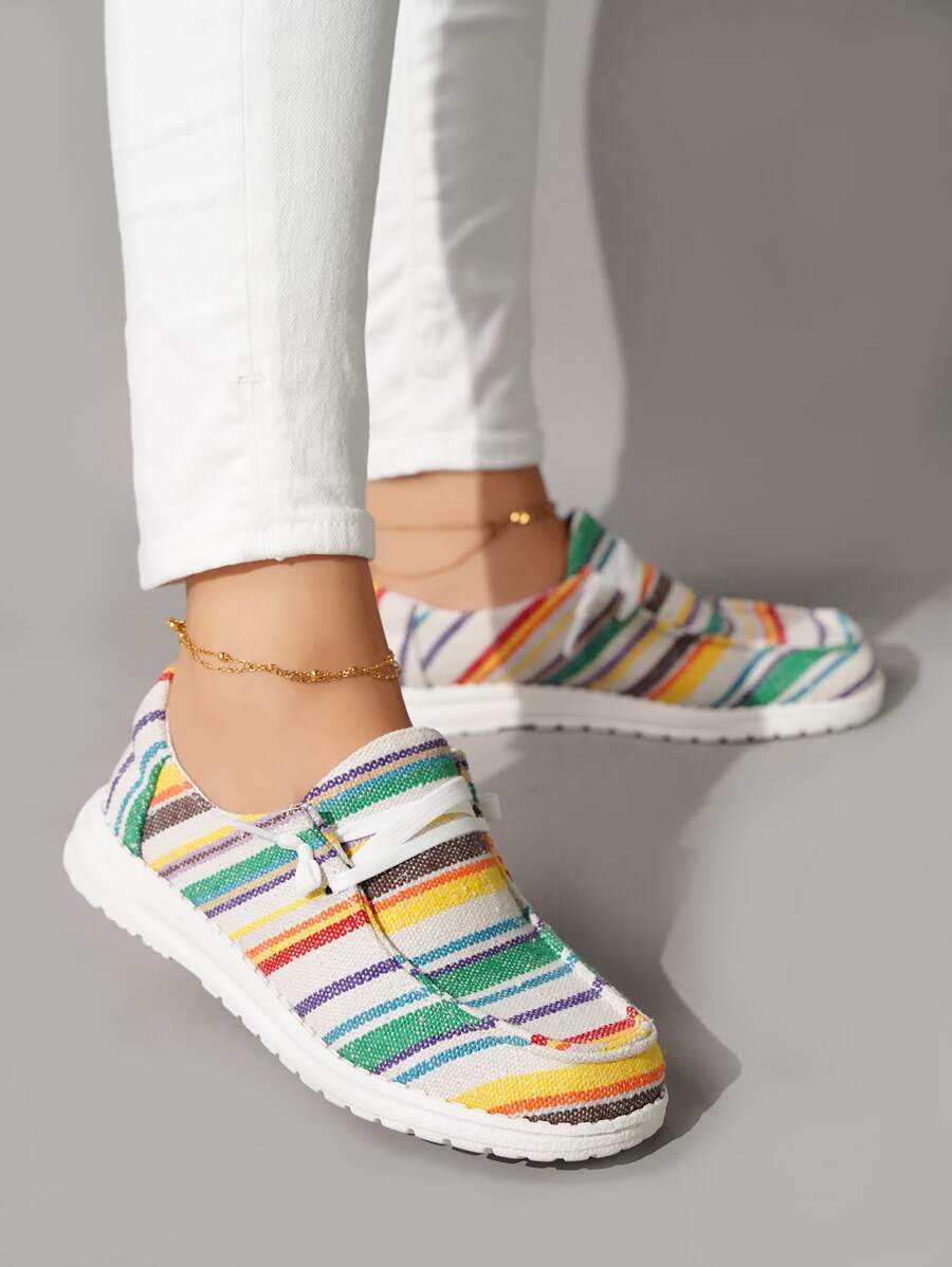 Block Striped Lace-up Front Canvas Shoes - Multicolor - View 1