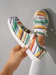 Block Striped Lace-up Front Canvas Shoes - Multicolor - View 2
