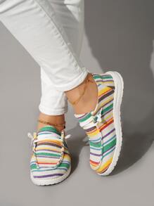 Block Striped Lace-up Front Canvas Shoes - Multicolor - View 3