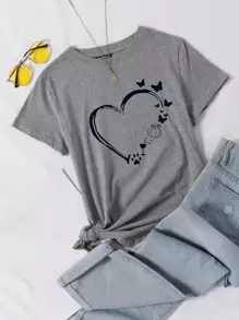 SHEIN LUNE Camiseta de cuello redondo con estampado de corazón y mariposa - Gris - Ver 1