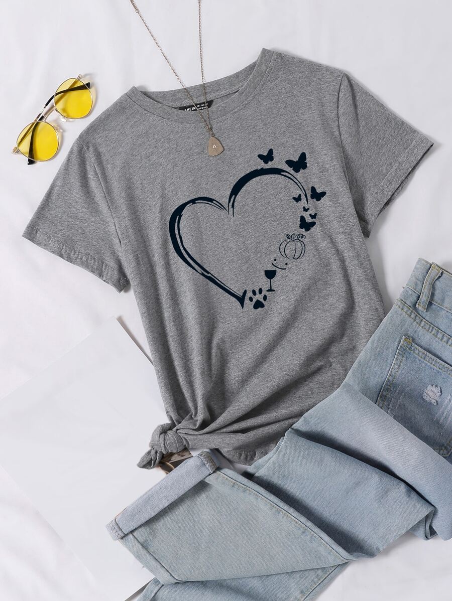 SHEIN LUNE Camiseta de cuello redondo con estampado de corazón y mariposa - Gris - Ver 1