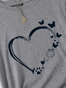 SHEIN LUNE Camiseta de cuello redondo con estampado de corazón y mariposa - Gris - Ver 4