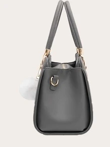 Pom Pom Decor Letter Graphic Shoulder Bag - Grey - View 3