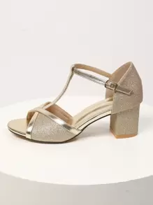 女士露趾 T 型带粗跟凉鞋，时尚派对装，黑色和金色 PU 皮革