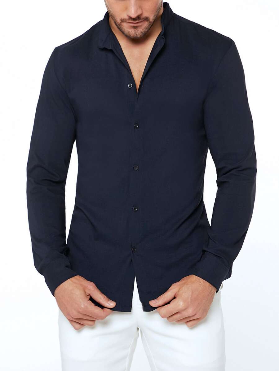 Manfinity Men Solid Button Front Shirt - Navy Blue - View 1