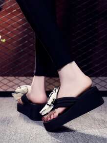 1 Pair Women's Bowknot Thick Sole Fashion Flip Flops High Heel Sandals, Summer