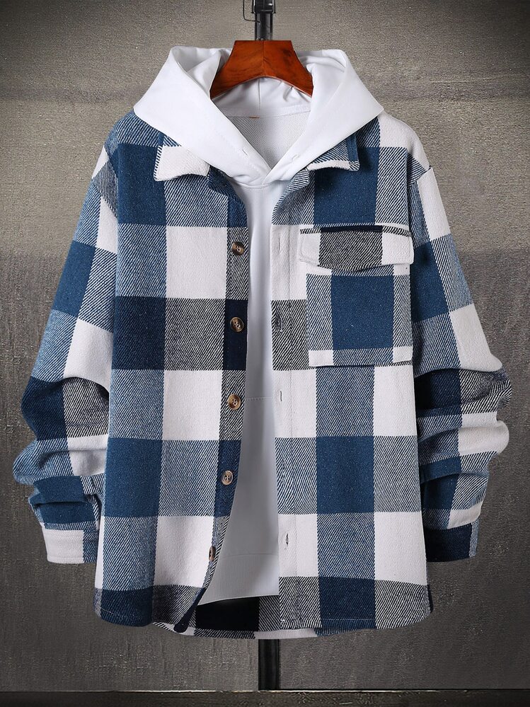 Manfinity Men 1pc Buffalo Plaid Print Flap Pocket Overcoat - Multicolor - View 1