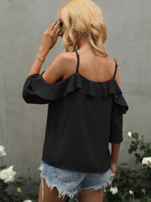 SHEIN Clasi 挖肩荷葉邊襯衫 - 黑色 - 查看 2