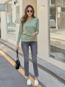 DAZY Solid V Neck Tee,Fall Clothes,Back To School Clothes Long Sleeve Women Tops - Mint Green - View 3