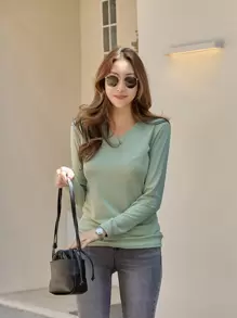 DAZY Solid V Neck Tee,Fall Clothes,Back To School Clothes Long Sleeve Women Tops - Mint Green - View 4