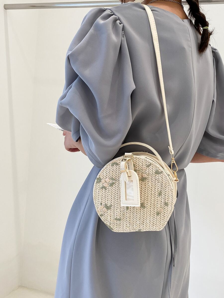 Mini Floral Embroidered Straw Bag - Beige - View 1