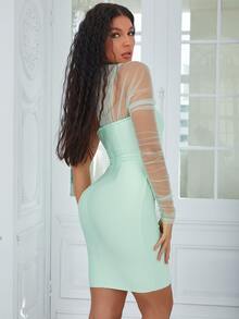 One Shoulder Mesh Panel Bandage Dress - Mint Green - View 2