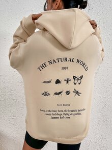 SHEIN Unity Slogan & Butterfly Print Drop Shoulder Thermal Hoodie - Apricot - View 4