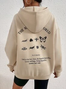 SHEIN Unity Slogan & Butterfly Print Drop Shoulder Thermal Hoodie - Apricot - View 1