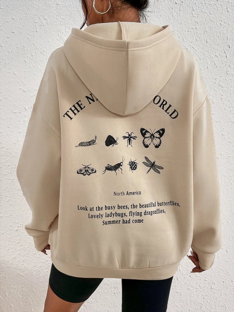 SHEIN Unity Slogan & Butterfly Print Drop Shoulder Thermal Hoodie - Apricot - View 1