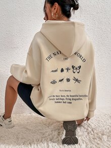SHEIN Unity Slogan & Butterfly Print Drop Shoulder Thermal Hoodie - Apricot - View 5