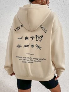 SHEIN Unity Slogan & Butterfly Print Drop Shoulder Thermal Hoodie - Apricot - View 3