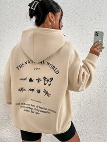 SHEIN Unity Slogan & Butterfly Print Drop Shoulder Thermal Hoodie - Apricot - View 6