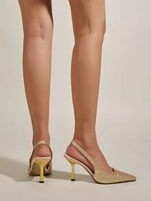 Point Toe Stiletto Heeled Slingback Pumps - Gold - View 3