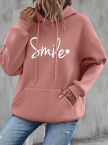 SHEIN LUNE Heart & Letter Graphic Kangaroo Pocket Drawstring Thermal Hoodie - Coral Pink - View 1