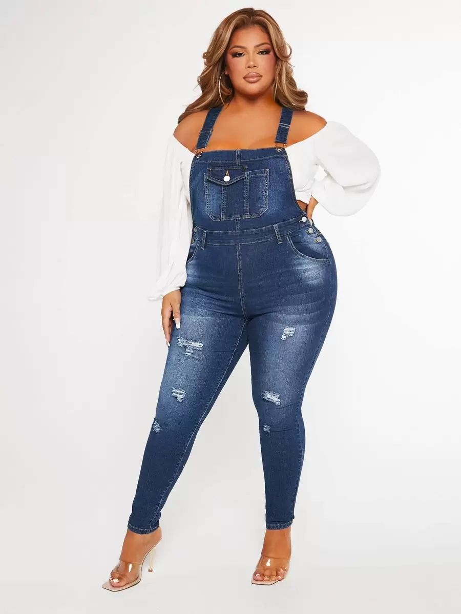 SHEIN SXY 大碼破洞牛仔背帶褲不帶上衣 - 中等水洗藍 - 查看 1