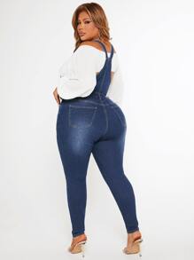 SHEIN SXY 大碼破洞牛仔背帶褲不帶上衣 - 中等水洗藍 - 查看 2