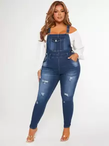 SHEIN SXY 大碼破洞牛仔背帶褲不帶上衣 - 中等水洗藍 - 查看 3