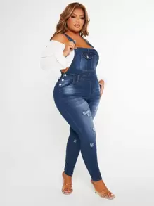 SHEIN SXY 大碼破洞牛仔背帶褲不帶上衣 - 中等水洗藍 - 查看 4