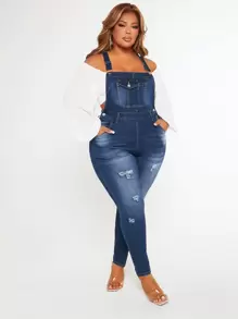 SHEIN SXY 大碼破洞牛仔背帶褲不帶上衣 - 中等水洗藍 - 查看 6