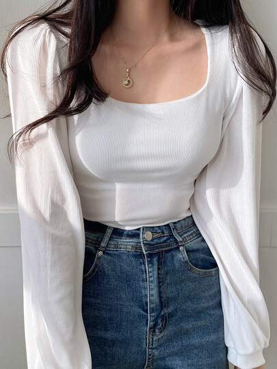 Camiseta de punto de cuello de pico y manga obispo, ropa de otoño para mujer con manga larga