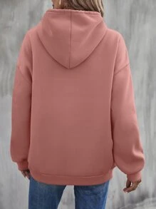 SHEIN LUNE Heart & Letter Graphic Kangaroo Pocket Drawstring Thermal Hoodie - Coral Pink - View 2