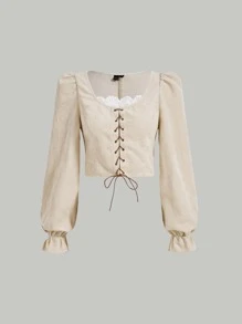 SHEIN MOD Solid Lace Up Front Flounce Sleeve Blouse - Apricot - View 2