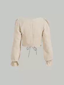 SHEIN MOD Solid Lace Up Front Flounce Sleeve Blouse - Apricot - View 8