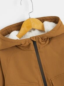 SHEIN 男孩翻蓋口袋拉鍊連帽保暖外套 - 棕色 - 查看 3