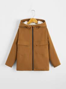 SHEIN 男孩翻蓋口袋拉鍊連帽保暖外套 - 棕色 - 查看 5
