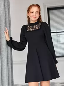 SHEIN 青少年女孩蕾絲肩部A字洋裝