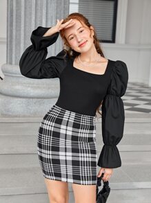 SHEIN 青少年女孩打褶袖上衣和格紋裙子套裝