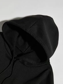 SHEIN EZwear 加大码花卉日文字母图案抽绳保暖内衬卫衣，适合毕业季、返校季、教师节等场合，女士返校套头衫，秋冬款。 - 黑色 - 查看 6