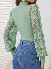 SHEIN Privé Contrast Lace Lantern Sleeve Mock Neck Bodysuit - Mint Green - View 2