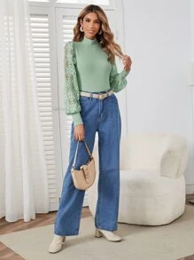 SHEIN Privé Contrast Lace Lantern Sleeve Mock Neck Bodysuit - Mint Green - View 3