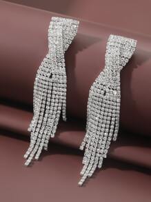 Rhinestone Tassel Drop Earrings - Silver - View 1