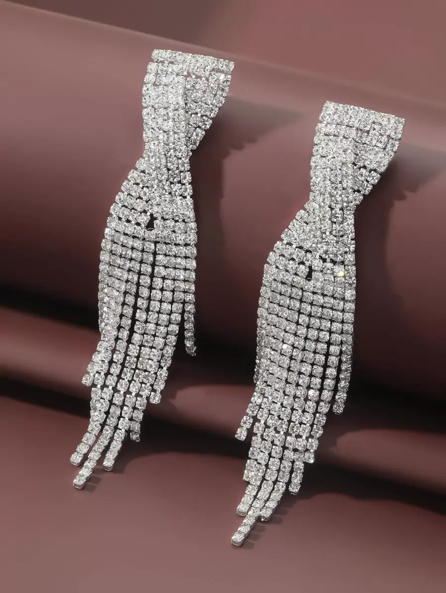 Rhinestone Tassel Drop Earrings - Silver - View 1
