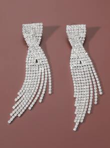 Rhinestone Tassel Drop Earrings - Silver - View 4