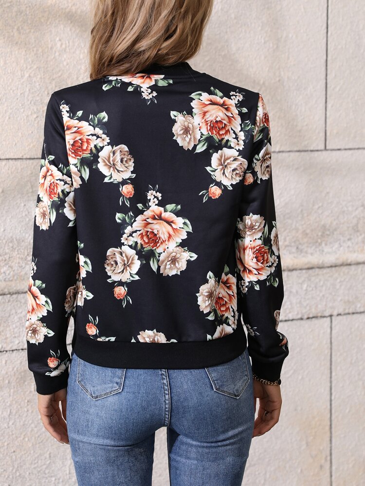 Floral Print Zip Up Bomber Jacket Fall Winter Cloth For Women