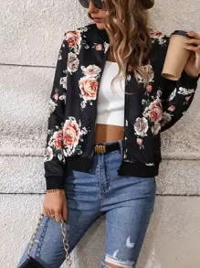 Breezaya Cazadora tipo bomber con estampado floral con cremallera - Negro - Ver 4