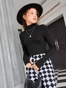 SHEIN Teen Girls Casual High Neck Solid Color Long Sleeve T-Shirt, Suitable For Spring, Autumn And Winter - Black - View 2