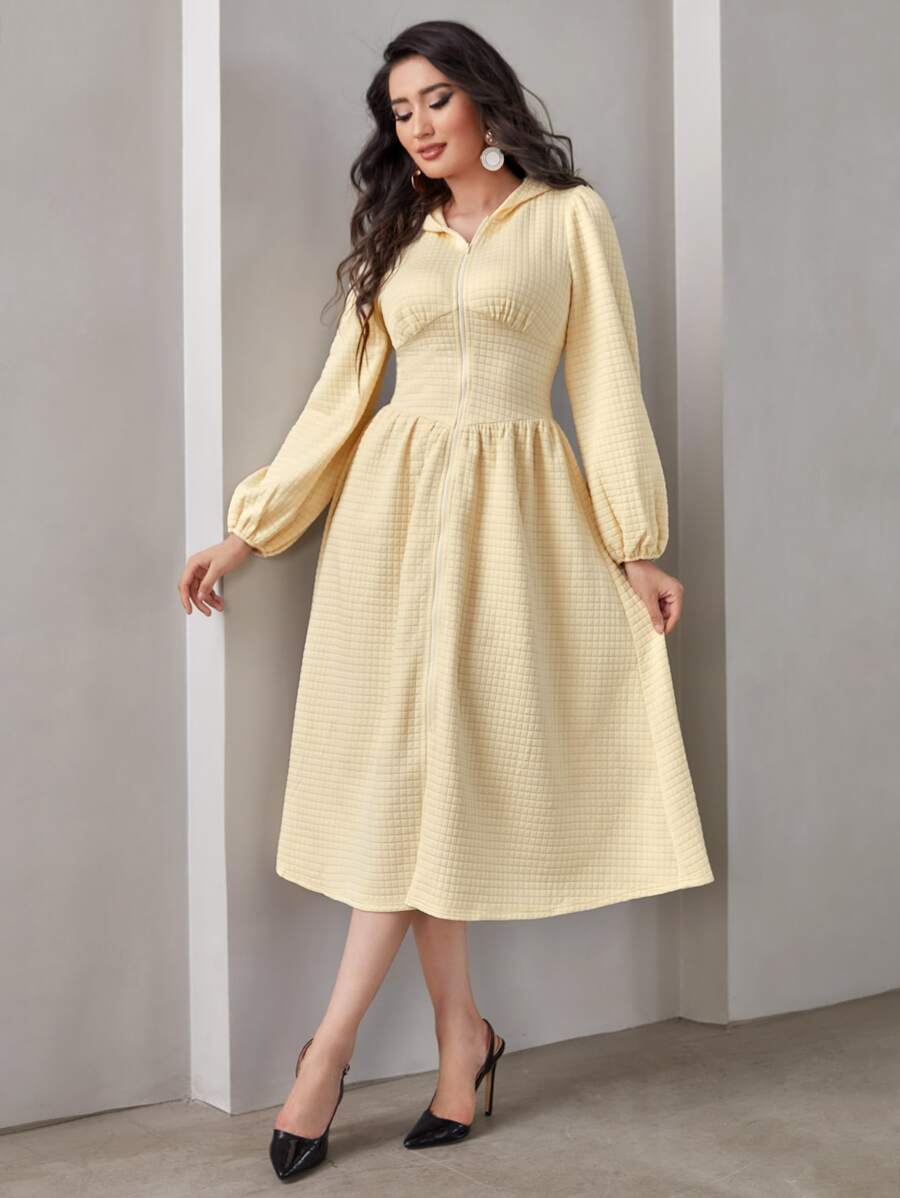 Mulvari Solid Zip Up Hooded Dress - Apricot - View 1