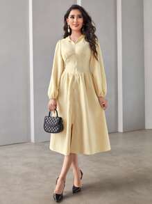 Mulvari Solid Zip Up Hooded Dress - Apricot - View 5