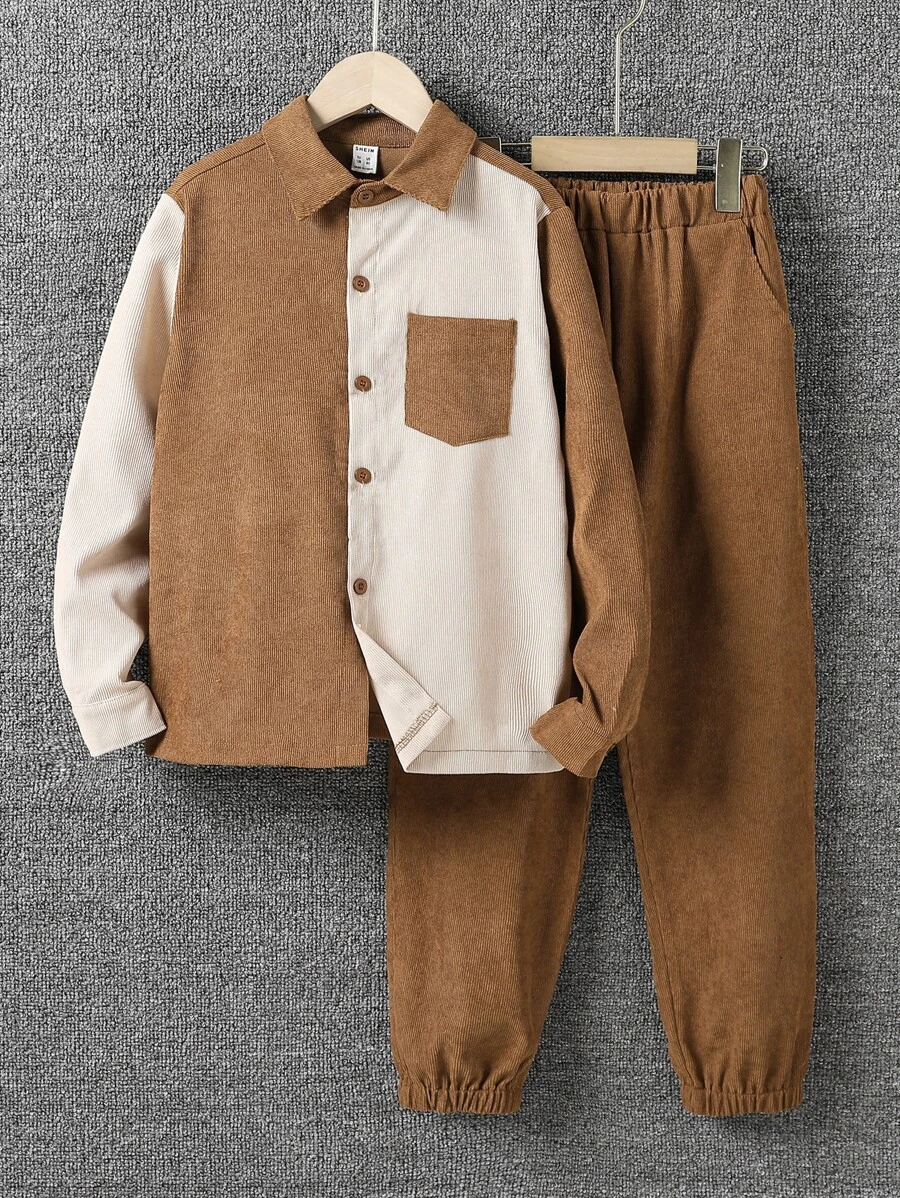 SHEIN 男孩雙色口袋貼布襯衫和褲子 - 彩色 - 查看 1