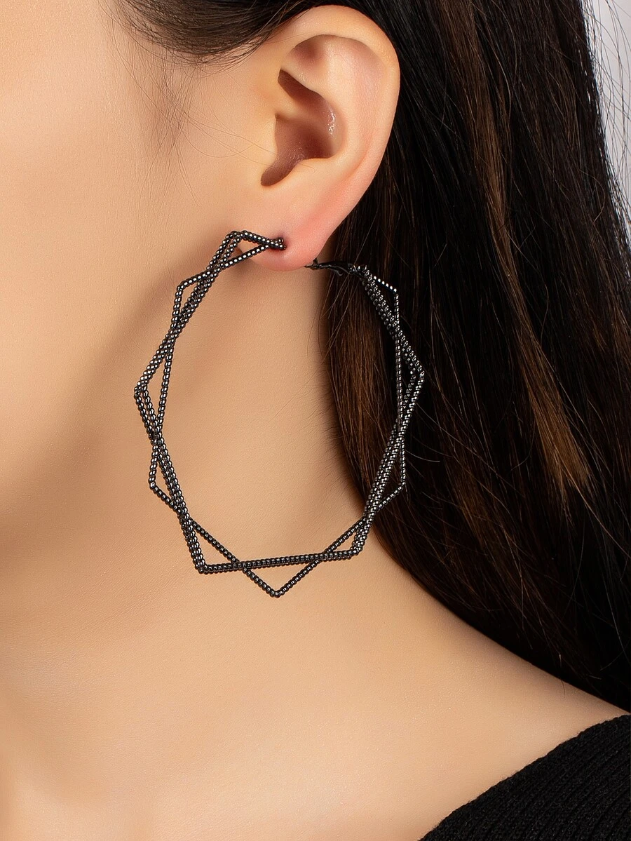 幾何設計圓耳環 - 槍黑色 - 查看 1